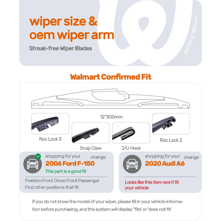 Toyota Highlander 2001-2019, RAV4 2001-2012, Honda CR-V 2002-2022 & Jeep Wrangler 2007-2017 12" Rear Wiper Blade, WOWIPER 4-Adapter Rear Windshield Wiper Replacement