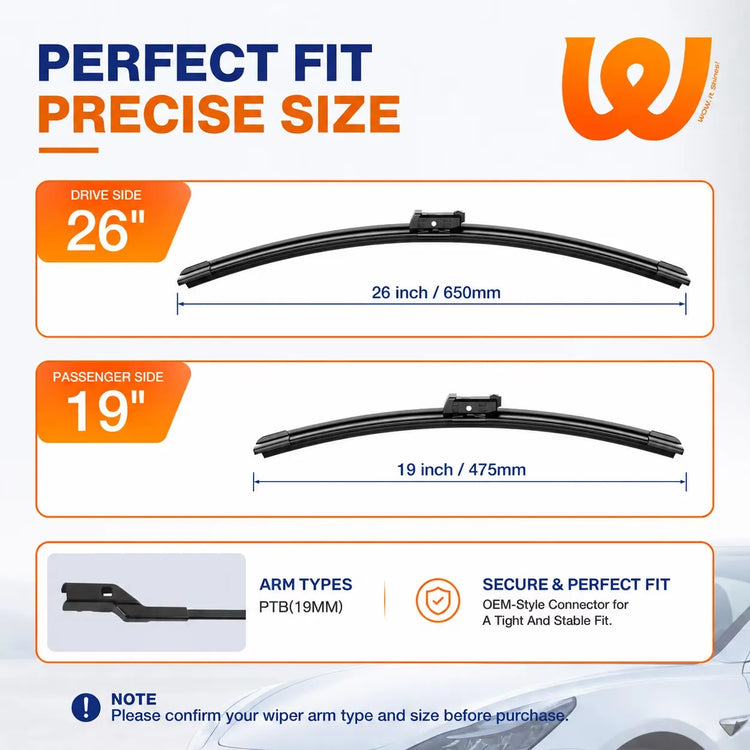 INFINITI QX60 2022-2025 / Jaguar F-Pace 2017-2024 Silicone Wiper Blades, WOWIPER 26"+19" Graphene Coated Front Set, PTB 19mm Fit