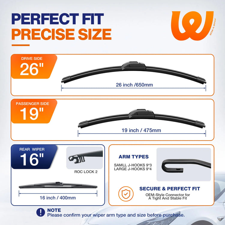 Toyota Prius 2010-2015 Silicone Wiper Blades 3 Pack, WOWIPER 26"+19" Front & 16" Rear Set, Water Repellent All-Weather Windshield Wipers
