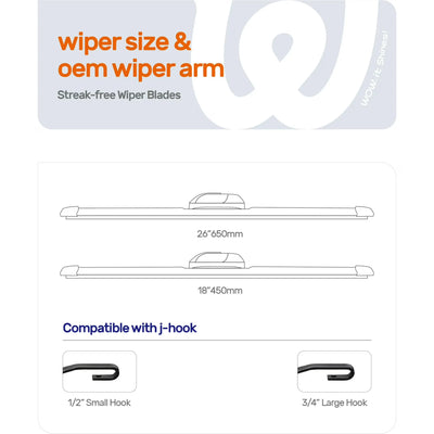 Honda Civic 2016-2020 26"+18" Silicone Wiper Blades, WOWIPER Water-Repellent Beam Windshield Wipers, J-Hook Only, Quiet All-Season Front Replacement, 2 Pack