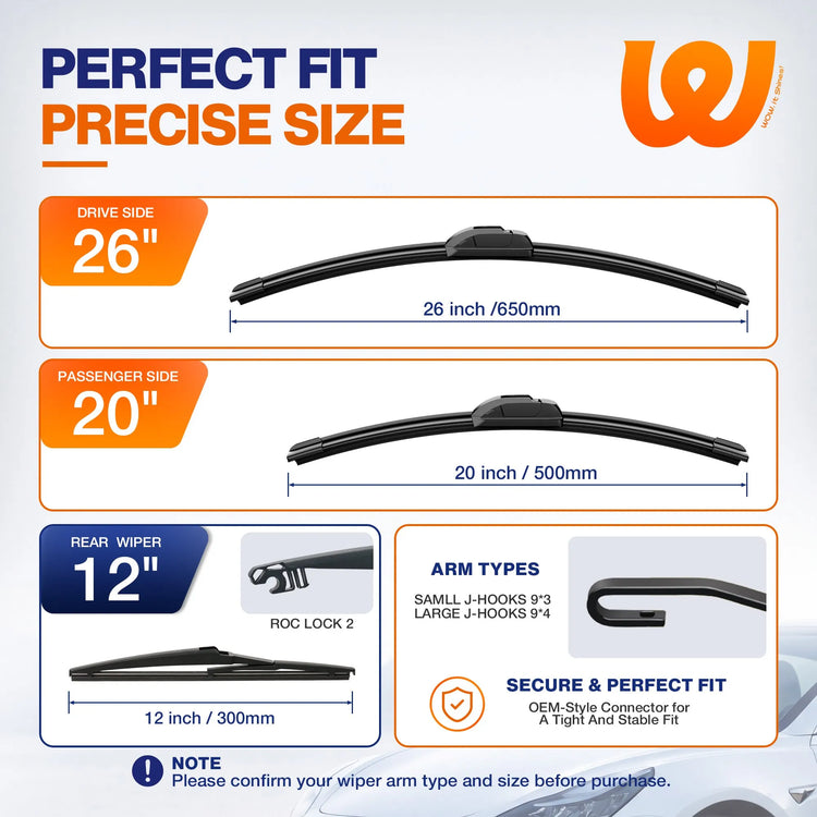 Toyota Highlander 2008-2019 Silicone Wiper Blades 3 Pack, WOWIPER 26"+20" Front & 12" Rear Set, Water Repellent All-Weather Windshield Wipers