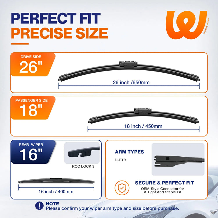 Subaru Outback 2020-2025 Silicone Wiper Blades 3 Pack, WOWIPER 26"+18" Front & 16" Rear Set, Water Repellent All-Weather Windshield Wipers