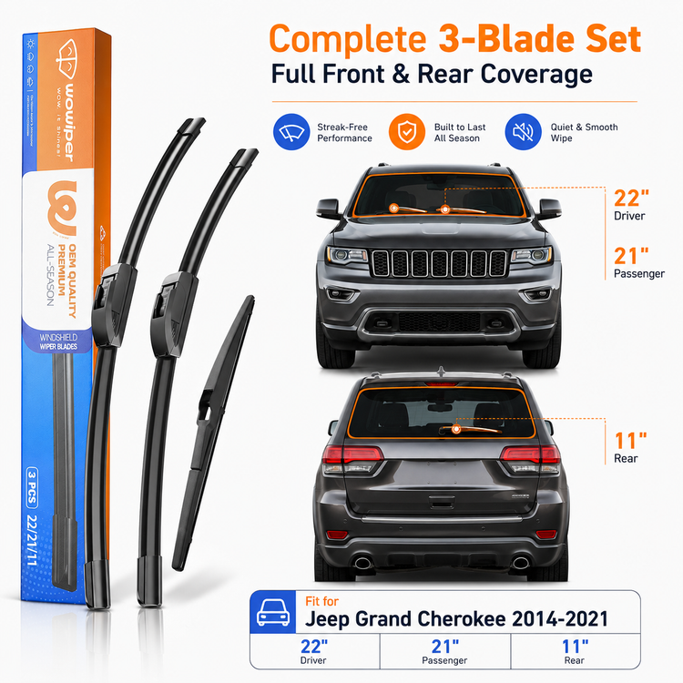 Jeep Grand Cherokee 2014-2021 Wiper Blades, WOWIPER 22"+21" Front & 11" Rear Wiper Blade Set