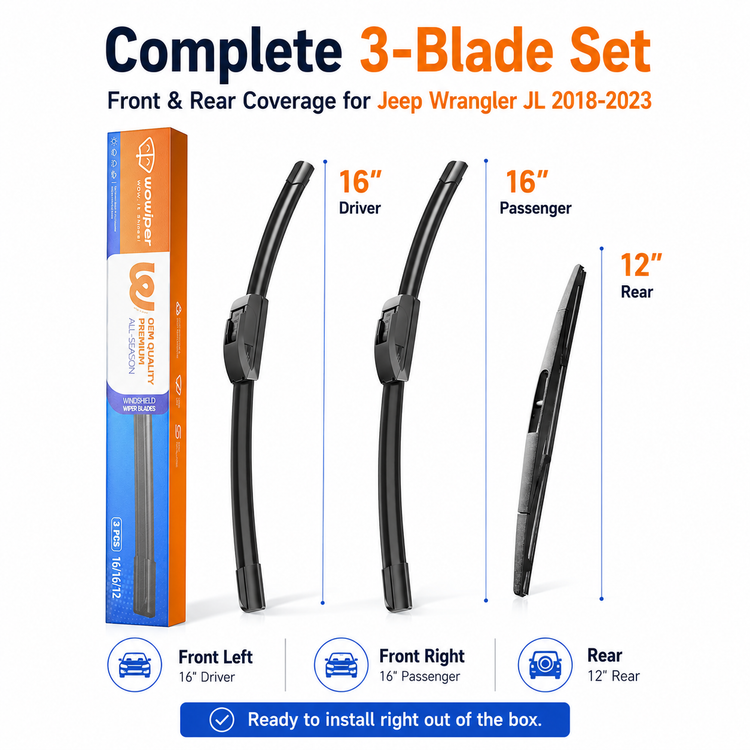 Jeep Wrangler JL 2018-2023 Wiper Blades, WOWIPER 16"+16" Front & 12" Rear Wiper Blade Set