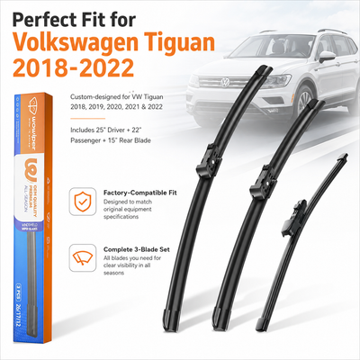 Volkswagen Tiguan 2018-2022 Wiper Blades, WOWIPER 25"+22" Front & 15" Rear Wiper Blade Set