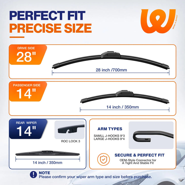 Honda Fit 2009-2020 Silicone Wiper Blades 3 Pack, WOWIPER 28"+14" Front & 14" Rear Set, Water Repellent All-Weather Windshield Wipers