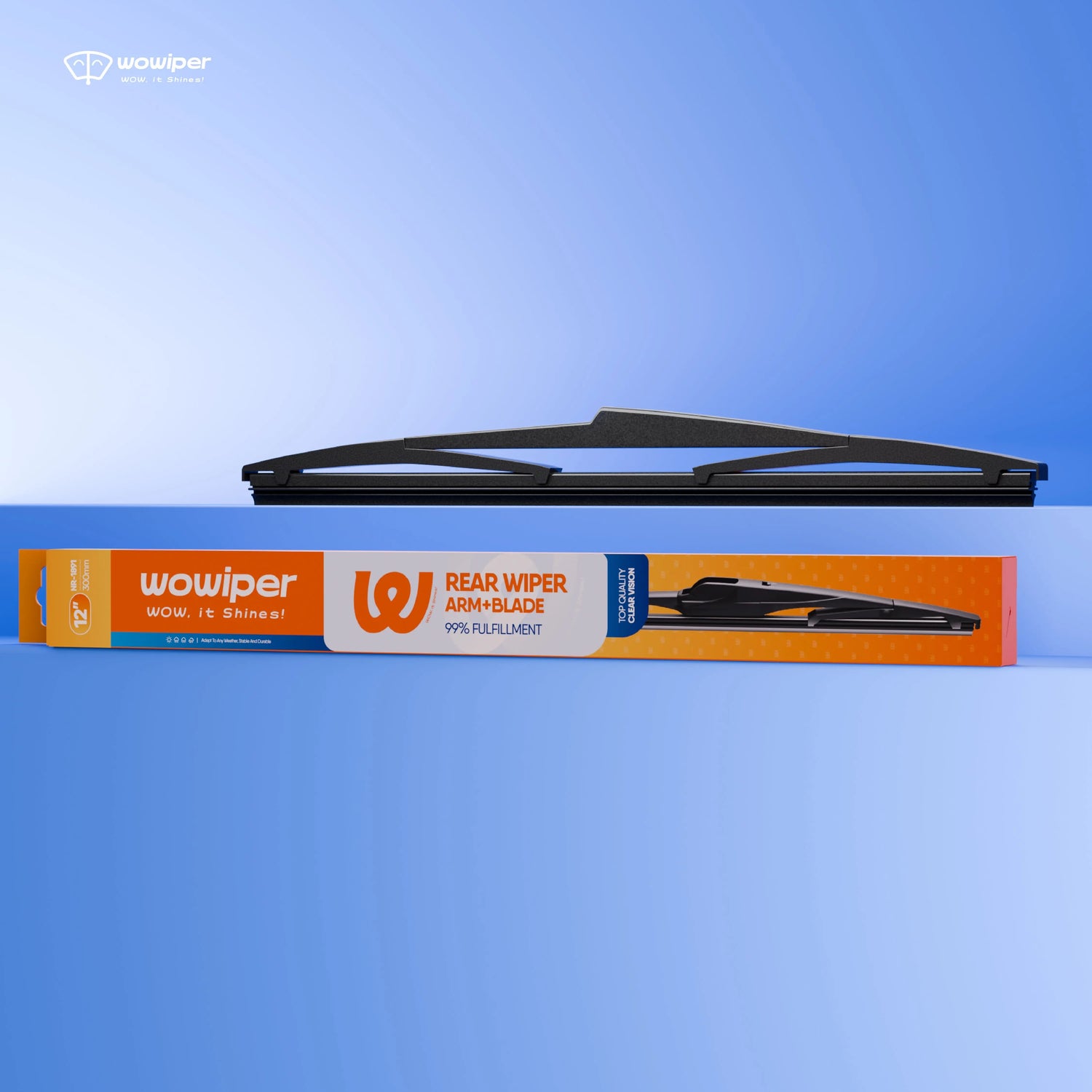 Rear Wiper blade and packaging displayed on a blue background by Wowiper, ideal for clear visibility during rain.