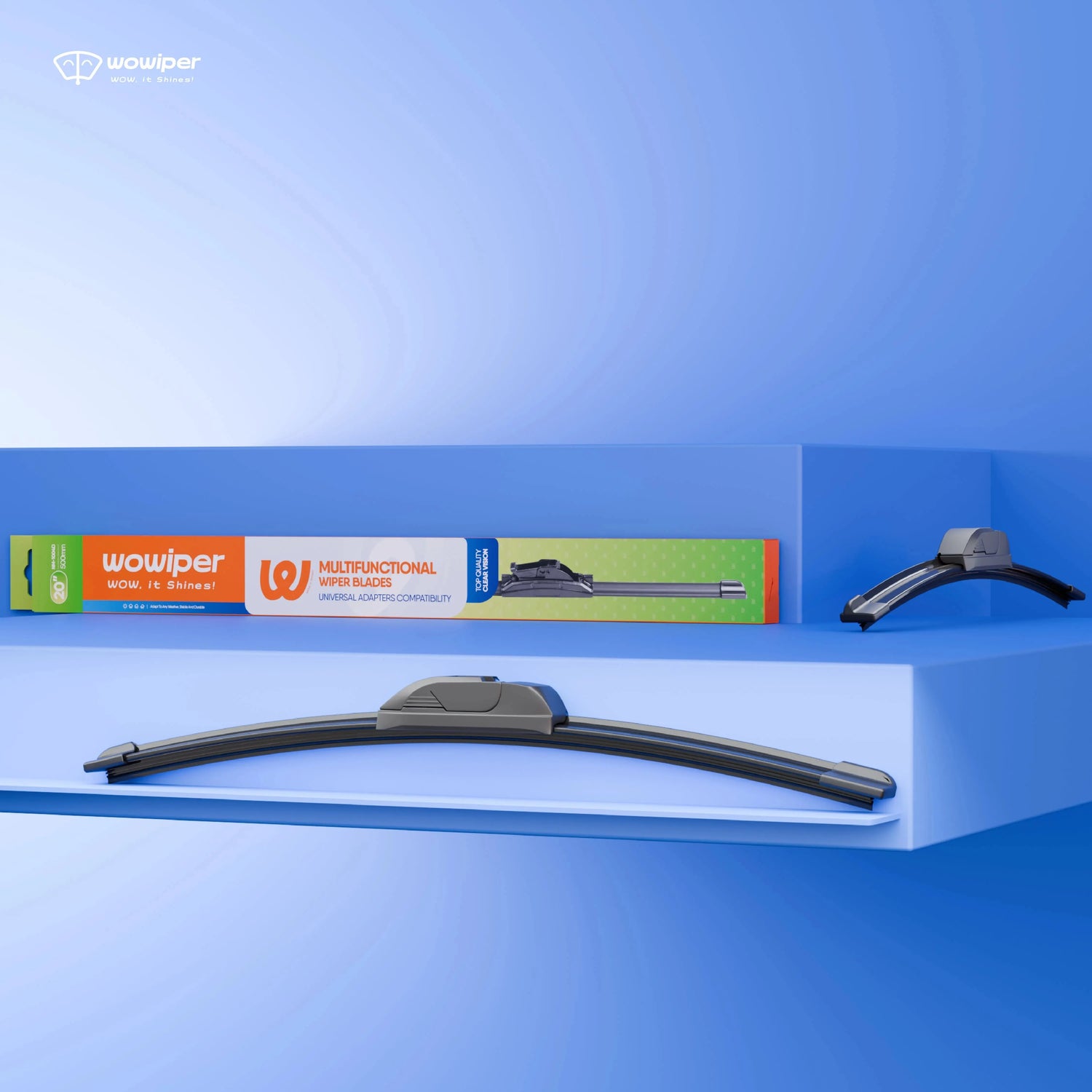 Front Wiper blades displayed with packaging on a blue background, highlighting high-quality performance.