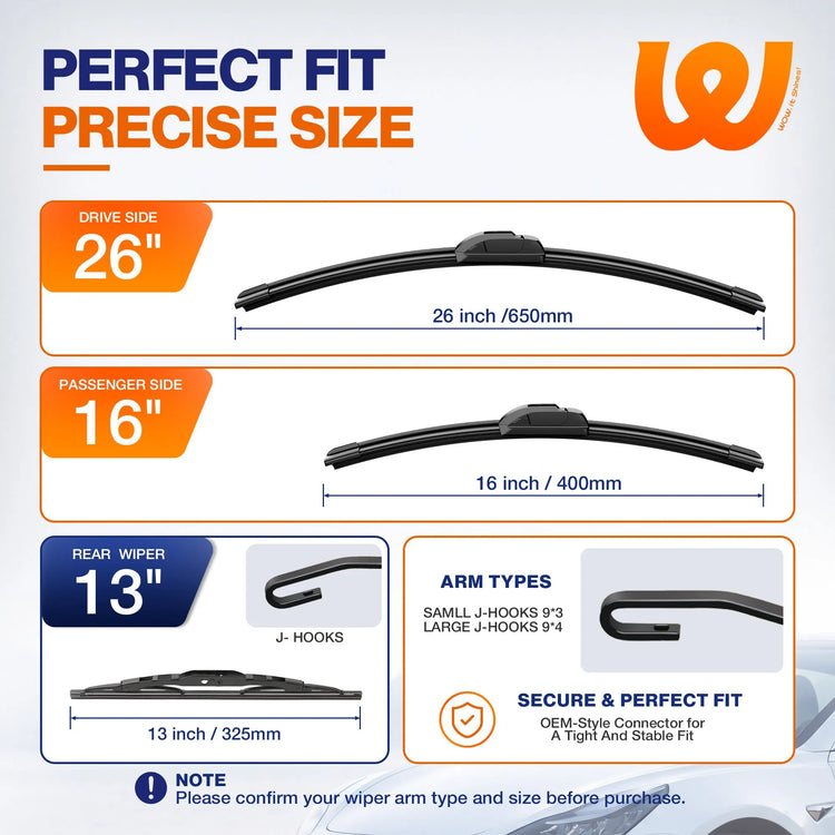 Honda CR-V 2012-2016 Silicone Wiper Blades 3 Pack, WOWIPER 26"+16" Front & 13" Rear Set, Graphene Coated Water Repellent All-Weather Wipers