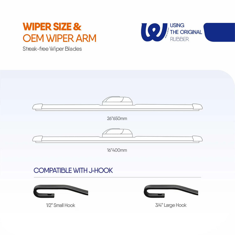 Toyota Corolla 2009-2019, RAV4 2013-2023, Honda Accord 2019-2022 & CR-V 2012-2016 26"+16" Windshield Wiper Blades, WOWIPER Conventional J/U Hook Wipers, Quiet All-Season Front Replacement