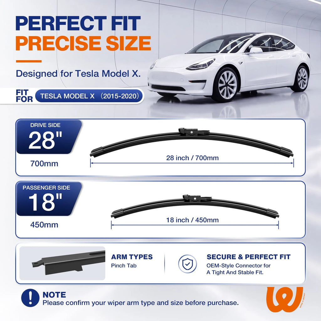 Tesla Model X 2015-2020 Silicone Wiper Blades, WOWIPER 28"+18" Front Set, Water Repellent Coated Windshield Wipers, Quiet All-Weather Replacement