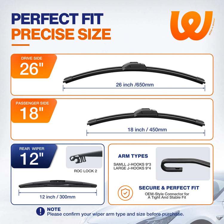 Toyota Highlander 2020-2026 Silicone Wiper Blades 3 Pack, WOWIPER 26"+18" Front & 10" Rear Set, Water Repellent All-Weather Windshield Wipers