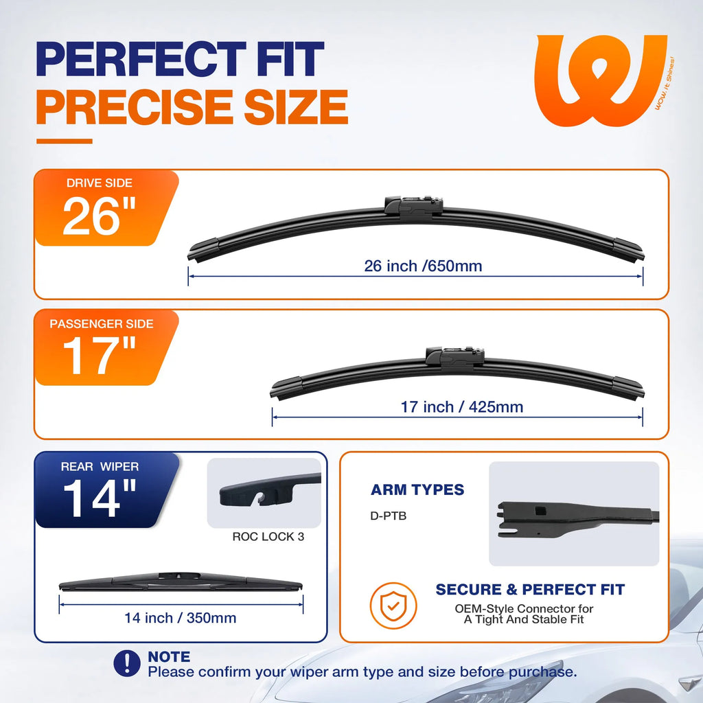 Subaru Forester 2019-2026 Silicone Wiper Blades 3 Pack, WOWIPER 26"+17" Front & 14" Rear Set, Water Repellent All-Weather Windshield Wipers