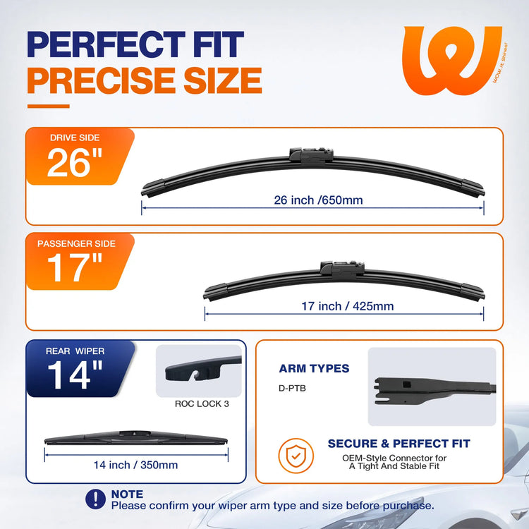 Subaru Forester 2019-2026 Silicone Wiper Blades 3 Pack, WOWIPER 26"+17" Front & 14" Rear Set, Water Repellent All-Weather Windshield Wipers