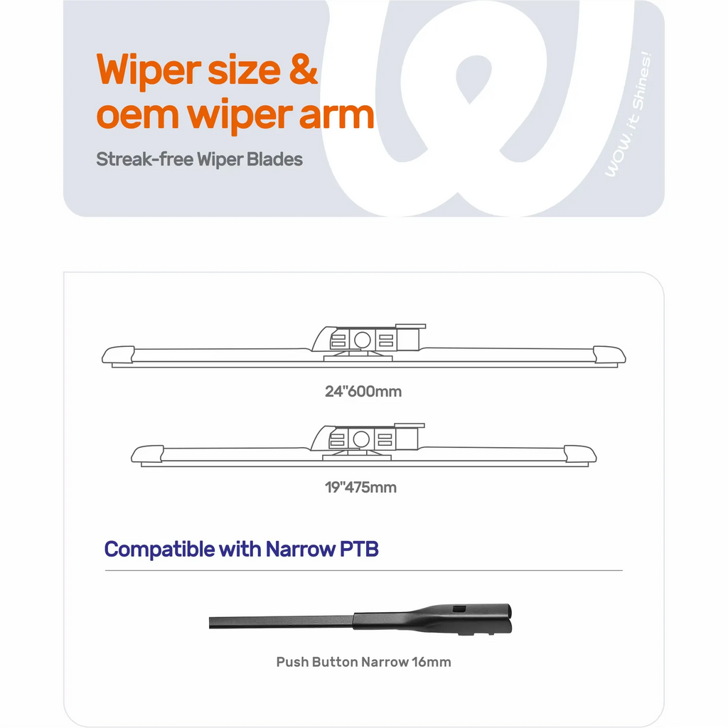 VW Jetta 2011-2023 24"+19" Silicone Wiper Blades, WOWIPER Water-Repellent Beam Windshield Wipers, Narrow PTB Fit, Quiet All-Season Front Replacement, 2 Pack