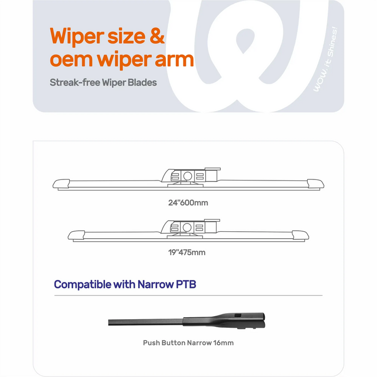 VW Jetta 2011-2023 24"+19" Silicone Wiper Blades, WOWIPER Water-Repellent Beam Windshield Wipers, Narrow PTB Fit, Quiet All-Season Front Replacement, 2 Pack