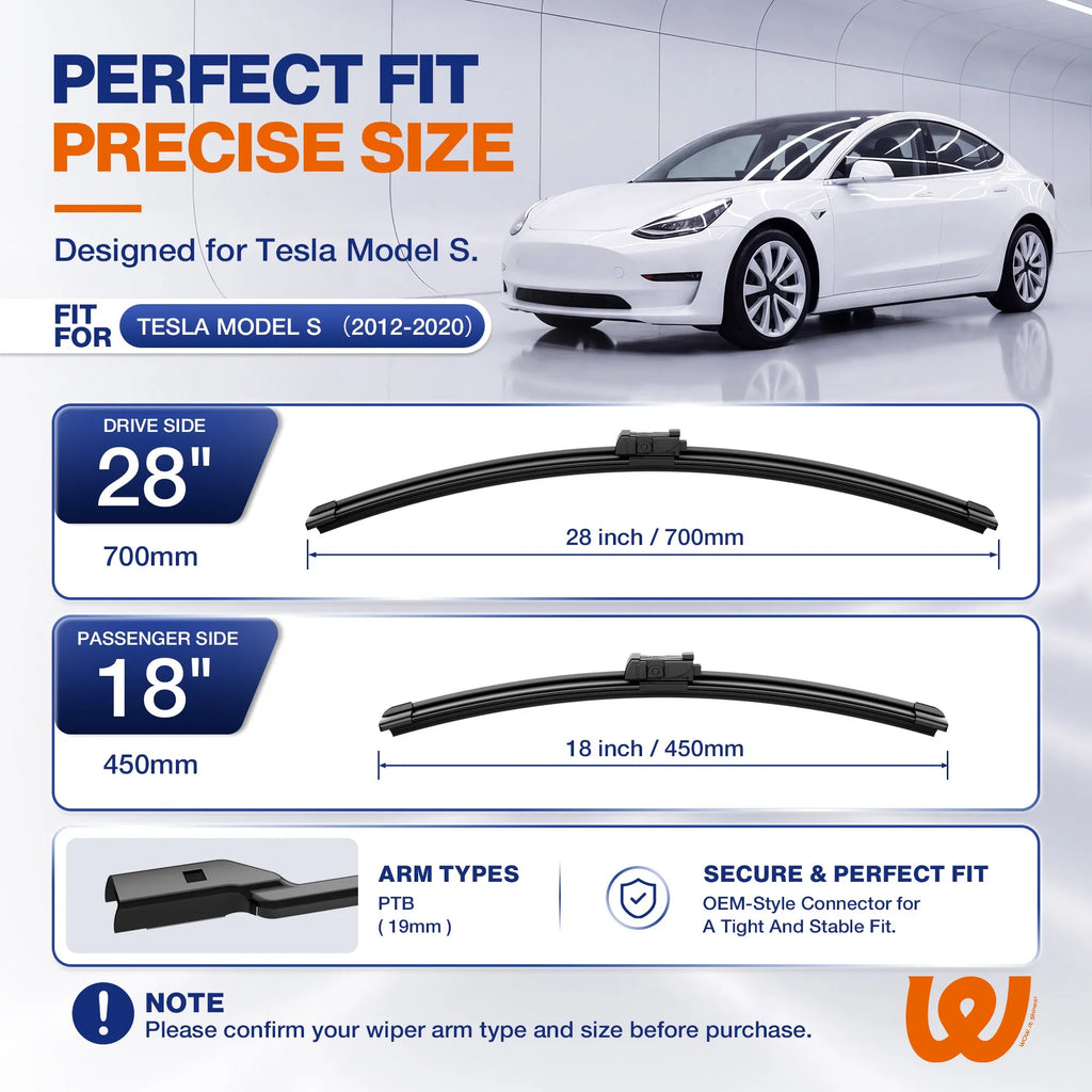 Tesla Model S 2012-2020 Silicone Coated Wiper Blades, WOWIPER 28"+18" Front Set, Water Repellent Windshield Wipers, Quiet All-Weather Replacement