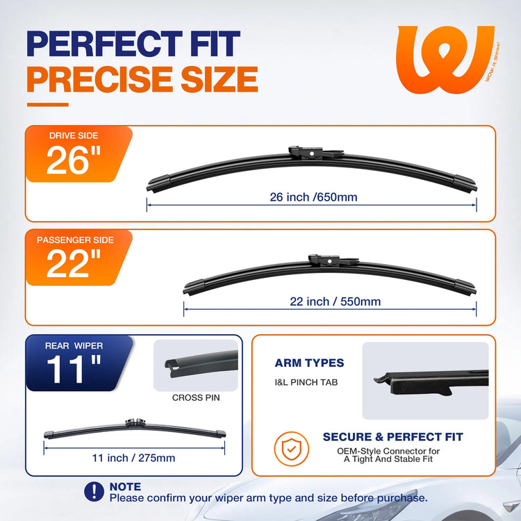 Ford Explorer 2011-2025 Silicone Wiper Blades 3 Pack, WOWIPER 26"+22" Front & 11" Rear Set, Water Repellent All-Weather Windshield Wipers