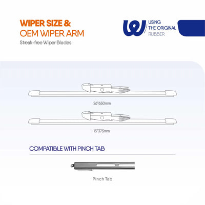 Chevrolet Sonic 2012-2020 & SS 2014-2017 26"+15" Wiper Blades, WOWIPER Pinch Tab Conventional Front Wipers, Quiet All-Season Replacement, 2 Pack