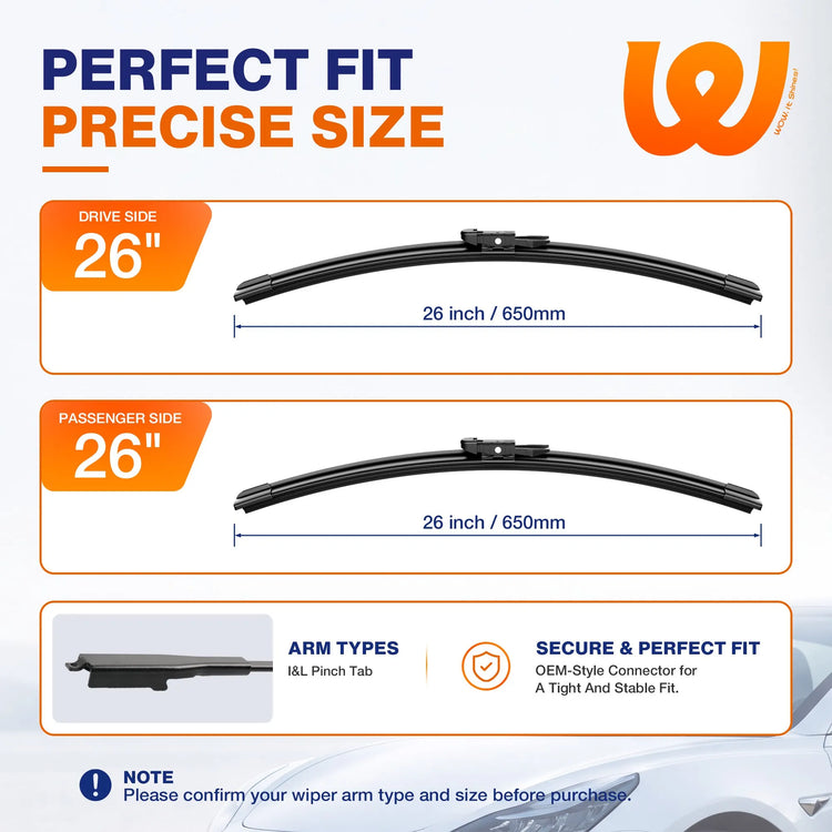 Ford Fusion 2013-2020 Silicone Wiper Blades, WOWIPER 26"+26" Graphene Coated Front Set, Water Repellent All-Weather Windshield Wipers