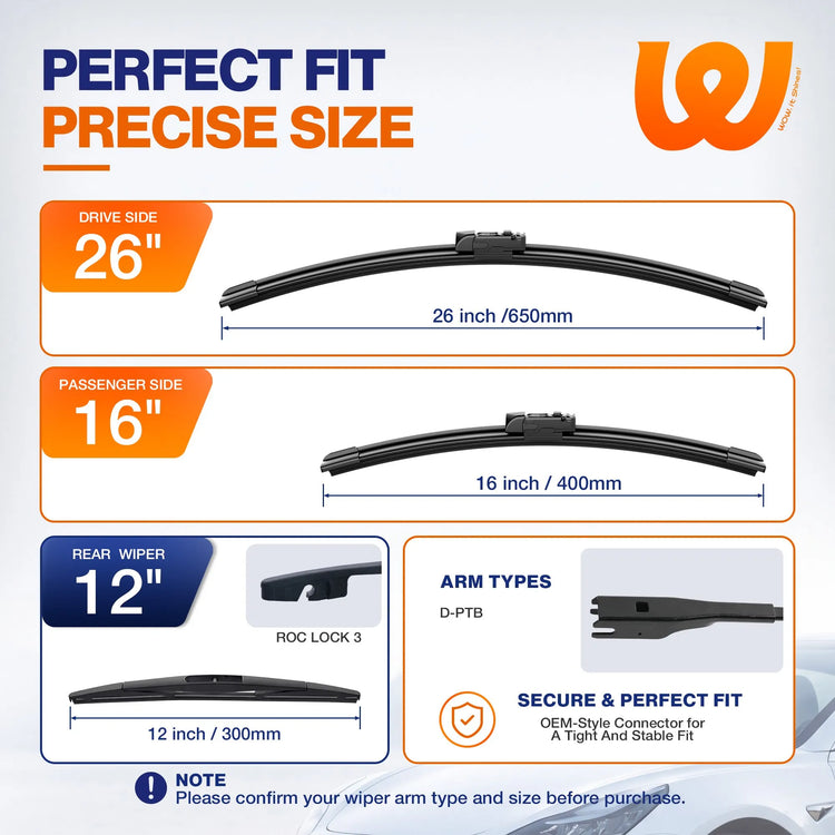 Subaru Crosstrek 2018-2023 / Impreza 2017-2024 Silicone Wiper Blades 3 Pack, WOWIPER 26"+16" Front & 12" Rear Set, Water Repellent All-Weather Wipers