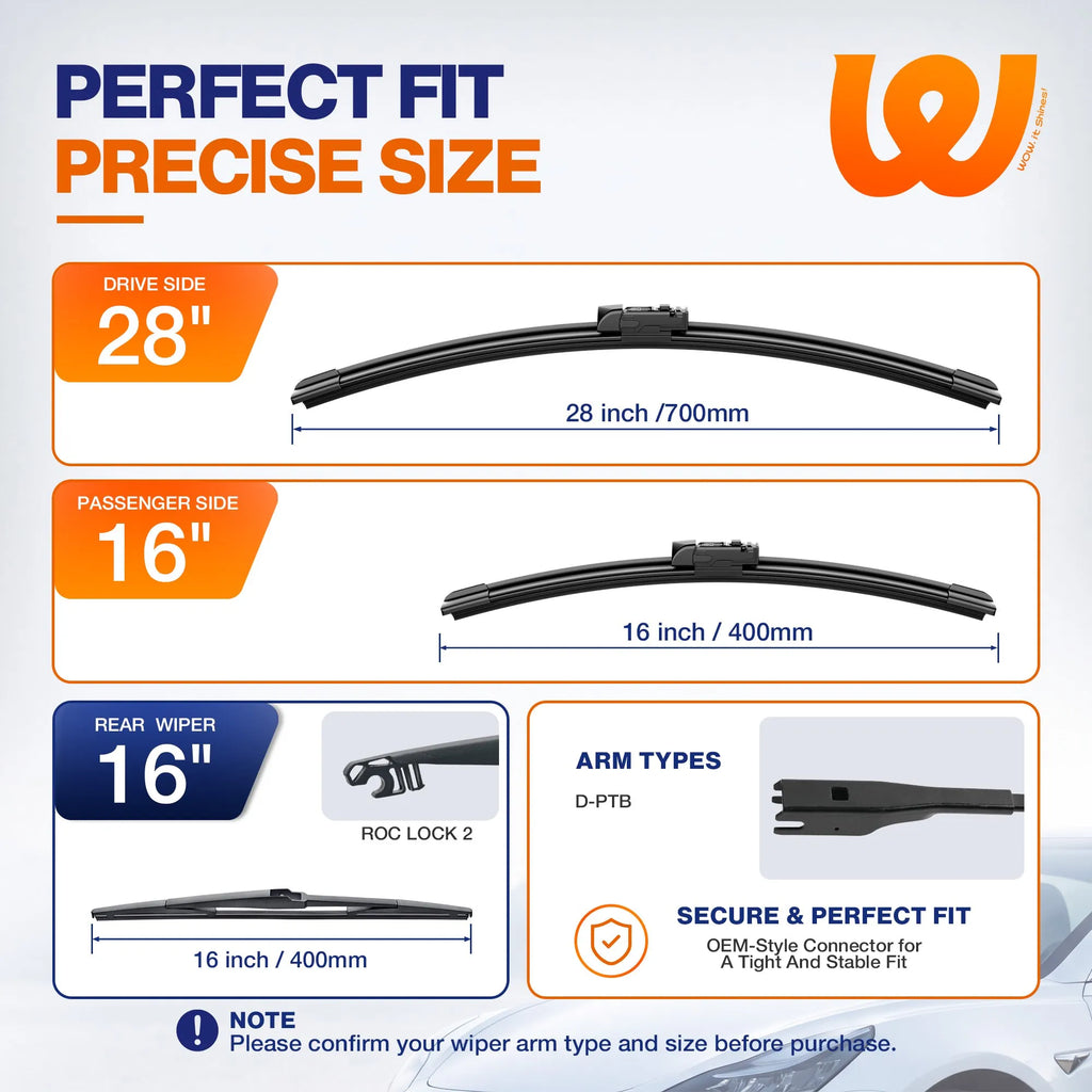 Toyota Prius 2016-2022 Silicone Wiper Blades 3 Pack, WOWIPER 28"+16" Front & 16" Rear Set, Water Repellent All-Weather Windshield Wipers
