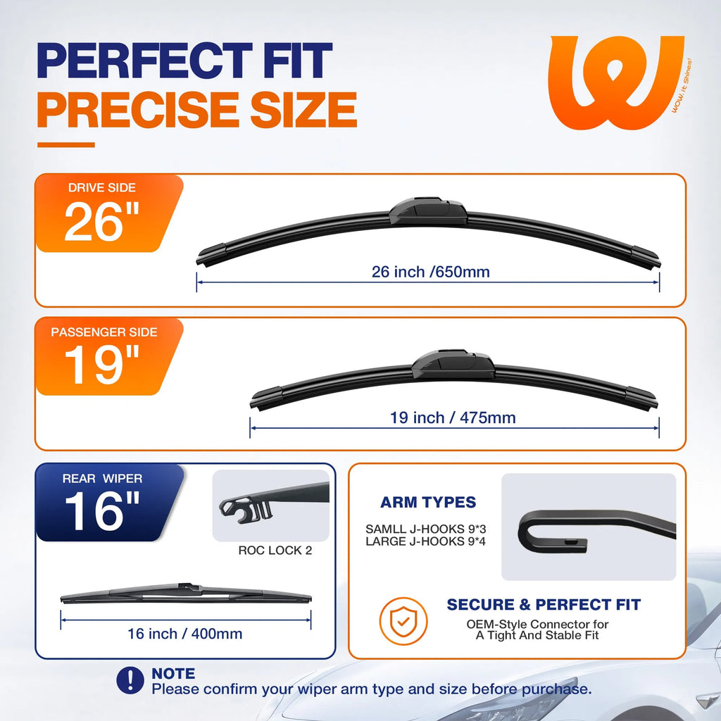 Toyota Prius 2010-2015 Silicone Wiper Blades 3 Pack, WOWIPER 26"+19" Front & 16" Rear Set, Water Repellent All-Weather Windshield Wipers