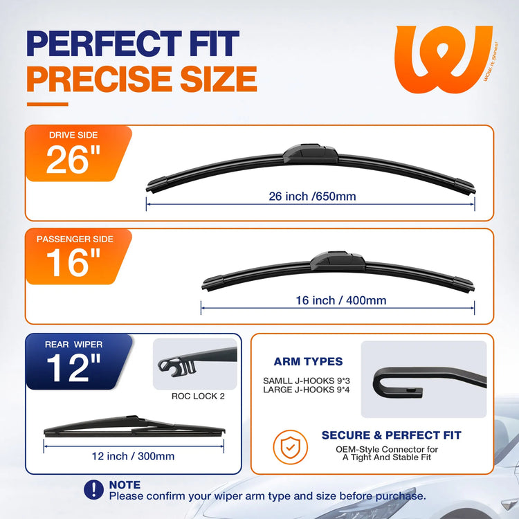 Toyota RAV4 2019-2024 Silicone Wiper Blades 3 Pack, WOWIPER 26"+16" Front & 12" Rear Set, Graphene Coated Water Repellent All-Weather Wipers