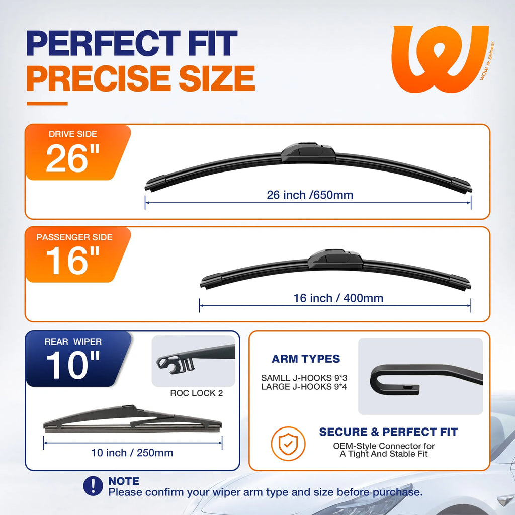 Toyota RAV4 2013-2018 Silicone Wiper Blades 3 Pack, WOWIPER 26"+16" Front & 10" Rear Set, Water Repellent All-Weather Windshield Wipers