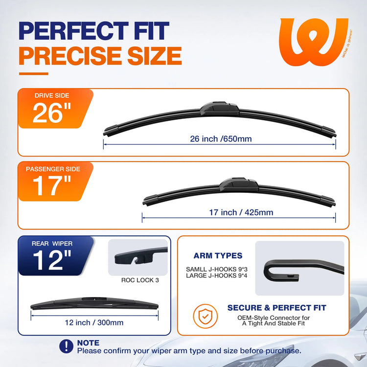 Honda CR-V 2017-2022 Silicone Wiper Blades 3 Pack, WOWIPER 26"+17" Front & 12" Rear Set, Water Repellent All-Weather Windshield Wipers
