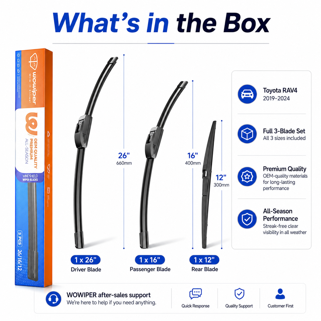 Toyota RAV4 2019-2024 Wiper Blades, Wowiper Premium All-Weather 26"+16"+12" Front and Rear Set (Pack of 3)