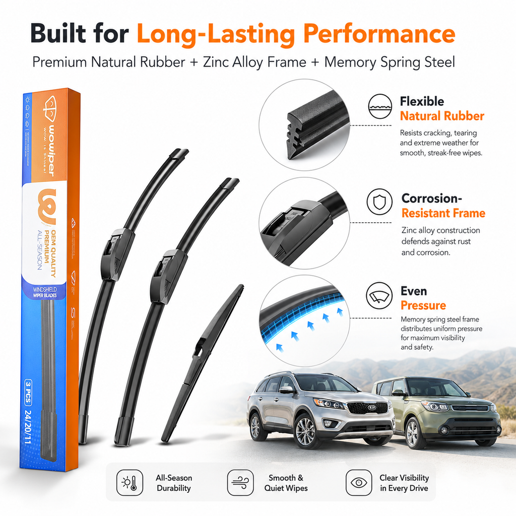 Kia Sorento 2011-2015 / Kia Soul 2010-2019 Wiper Blades, WOWIPER 24"+20" Front & 11" Rear Set
