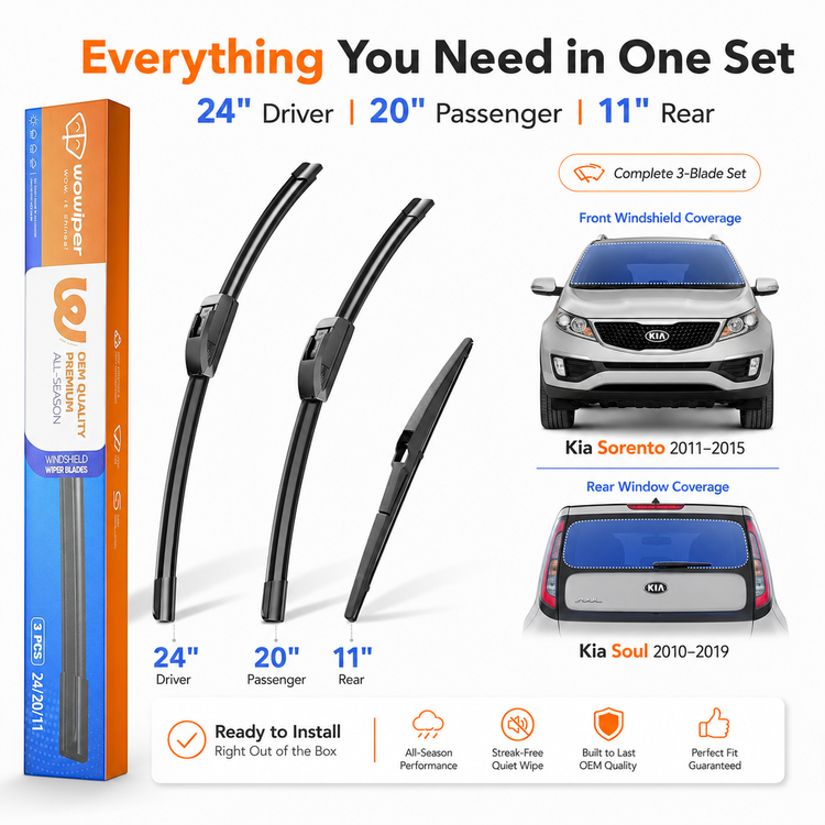 Kia Sorento 2011-2015 / Kia Soul 2010-2019 Wiper Blades, WOWIPER 24"+20" Front & 11" Rear Set