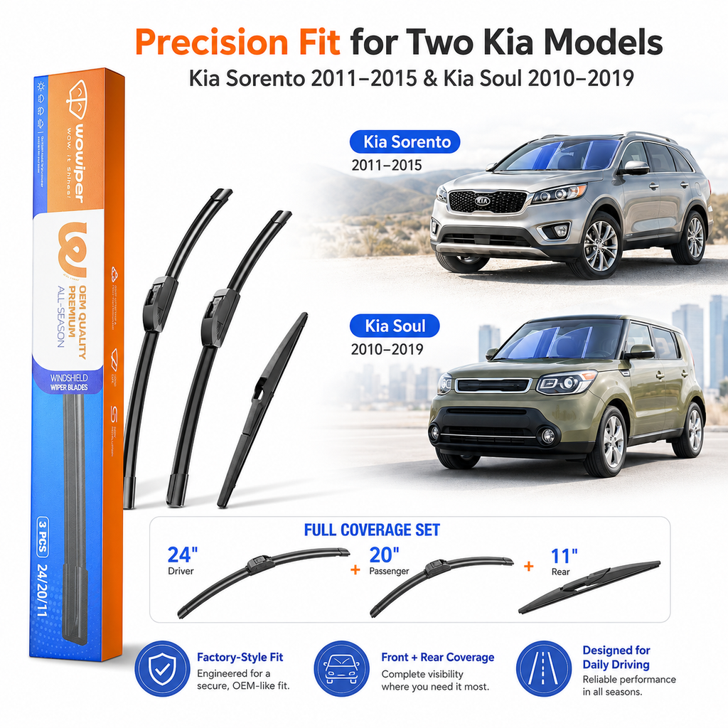 Kia Sorento 2011-2015 / Kia Soul 2010-2019 Wiper Blades, WOWIPER 24"+20" Front & 11" Rear Set