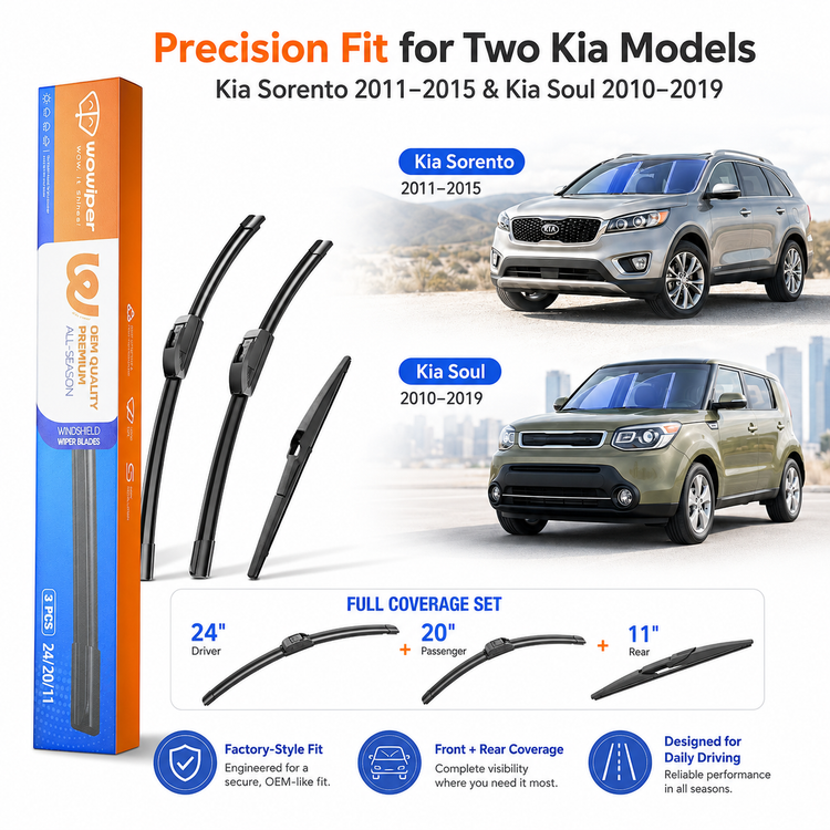Kia Sorento 2011-2015 / Kia Soul 2010-2019 Wiper Blades, WOWIPER 24"+20" Front & 11" Rear Set