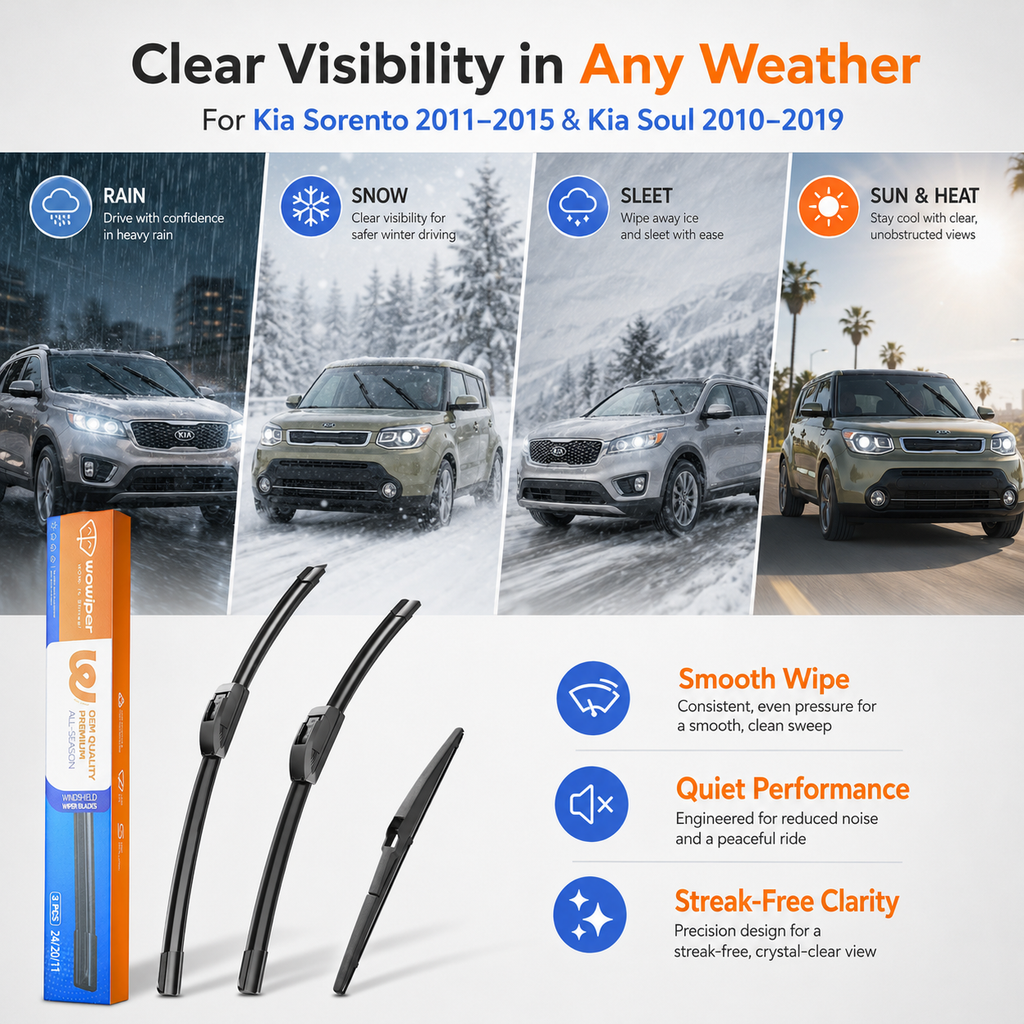 Kia Sorento 2011-2015 / Kia Soul 2010-2019 Wiper Blades, WOWIPER 24"+20" Front & 11" Rear Set