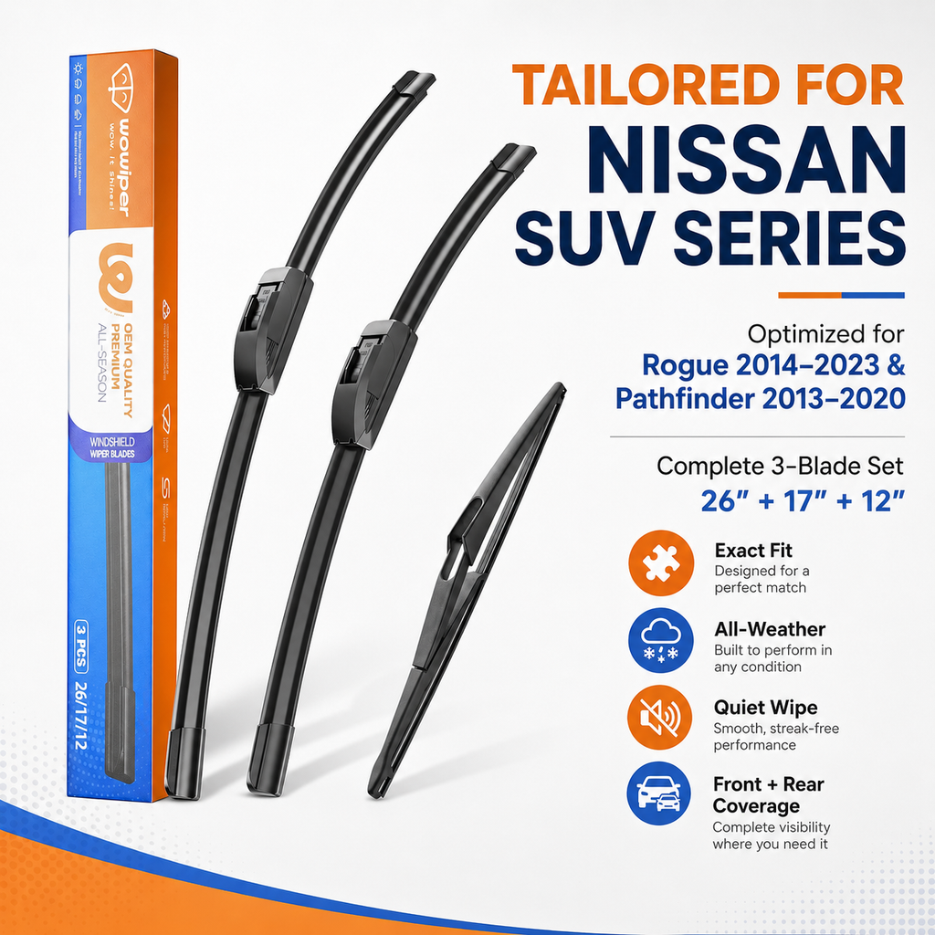 Nissan Rogue & Pathfinder Wiper Blades, Wowiper Premium 26"+17"+12" Front & Rear Set (Pack of 3)