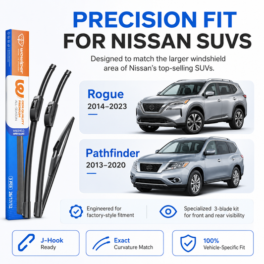 Nissan Rogue & Pathfinder Wiper Blades, Wowiper Premium 26"+17"+12" Front & Rear Set (Pack of 3)