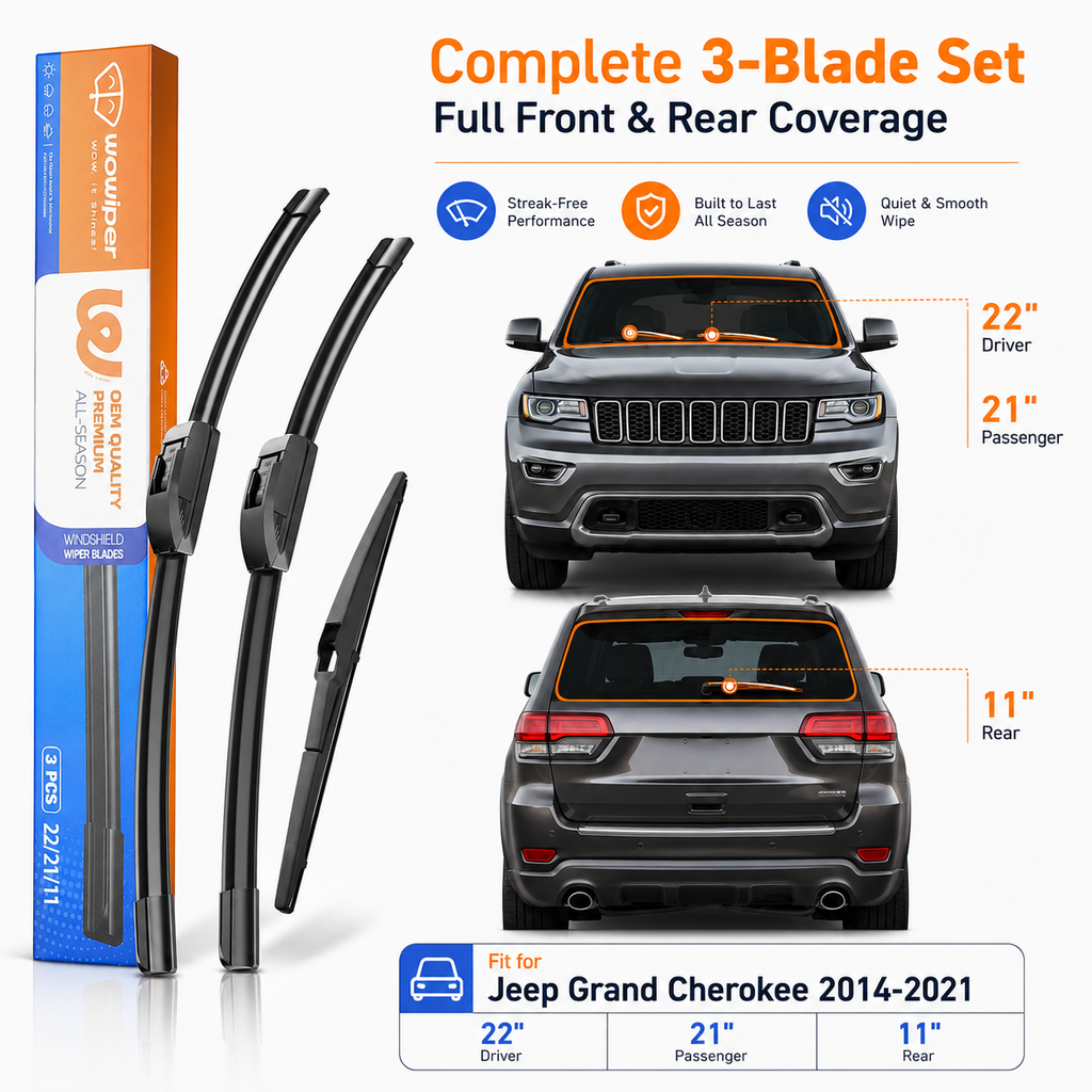 Jeep Grand Cherokee 2014-2021 Wiper Blades, WOWIPER 22"+21" Front & 11" Rear Wiper Blade Set
