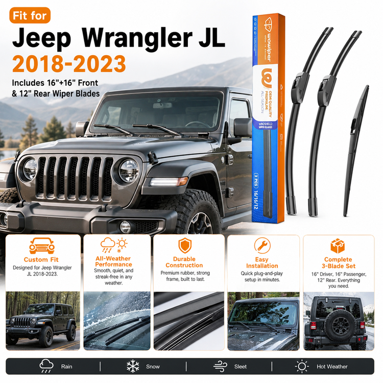 Jeep Wrangler JL 2018-2023 Wiper Blades, WOWIPER 16"+16" Front & 12" Rear Wiper Blade Set