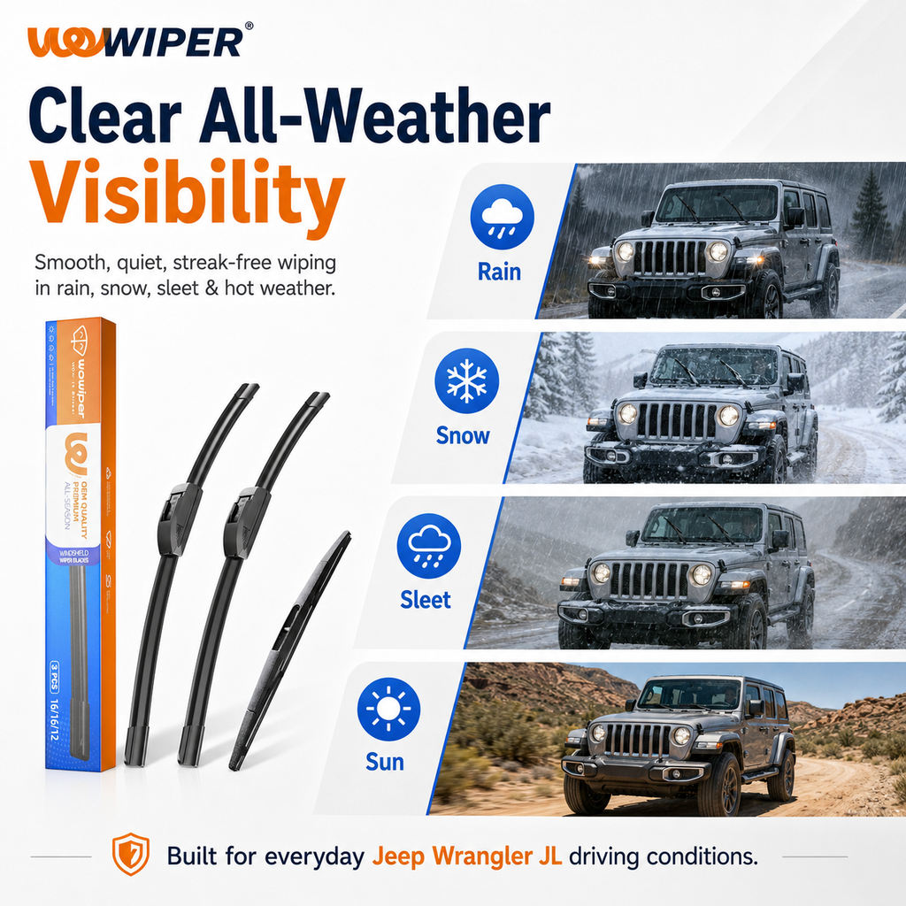 Jeep Wrangler JL 2018-2023 Wiper Blades, WOWIPER 16"+16" Front & 12" Rear Wiper Blade Set