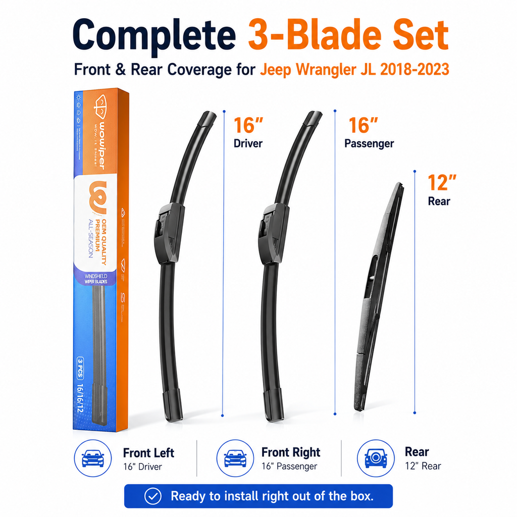 Jeep Wrangler JL 2018-2023 Wiper Blades, WOWIPER 16"+16" Front & 12" Rear Wiper Blade Set