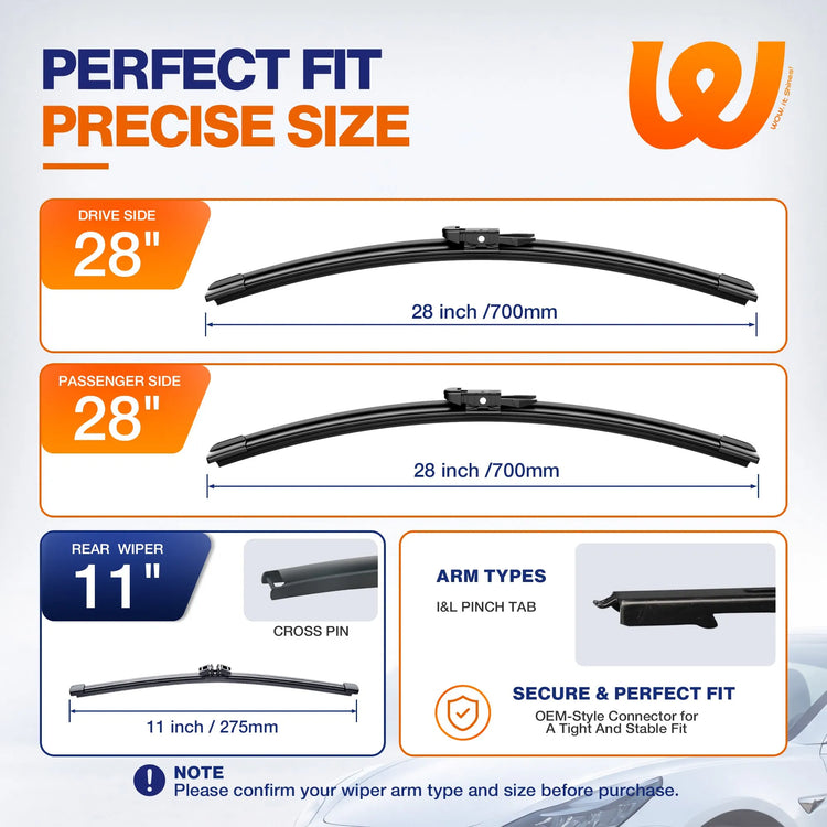 Ford Escape 2013-2019 Silicone Wiper Blades 3 Pack, WOWIPER 28"+28" Front & 11" Rear Set, Water Repellent All-Weather Windshield Wipers