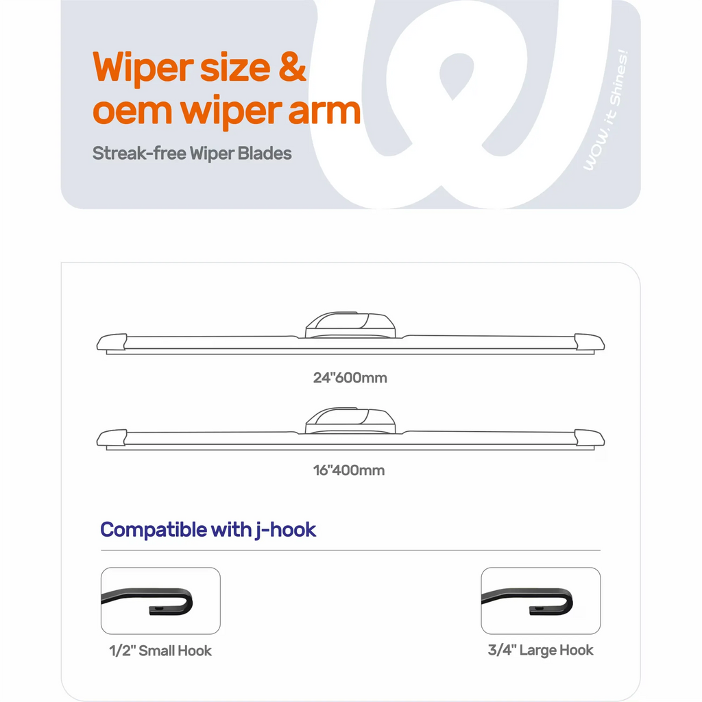 Hyundai Tucson 2005-2015 & Subaru Impreza 2008-2011 24"+16" Silicone Wiper Blades, WOWIPER Water-Repellent Beam Windshield Wipers, J-Hook Only, 2 Pack