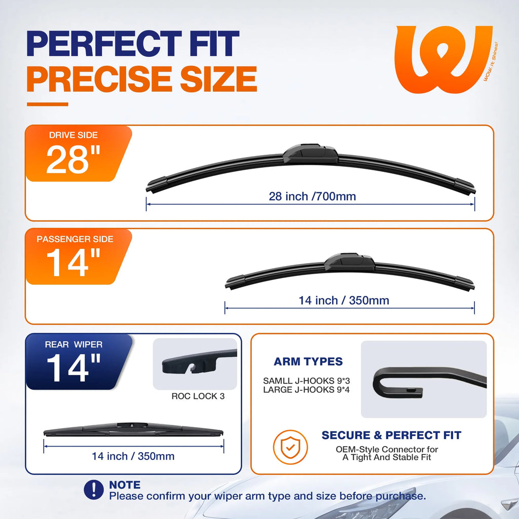 Honda Fit 2009-2020 Silicone Wiper Blades 3 Pack, WOWIPER 28"+14" Front & 14" Rear Set, Water Repellent All-Weather Windshield Wipers