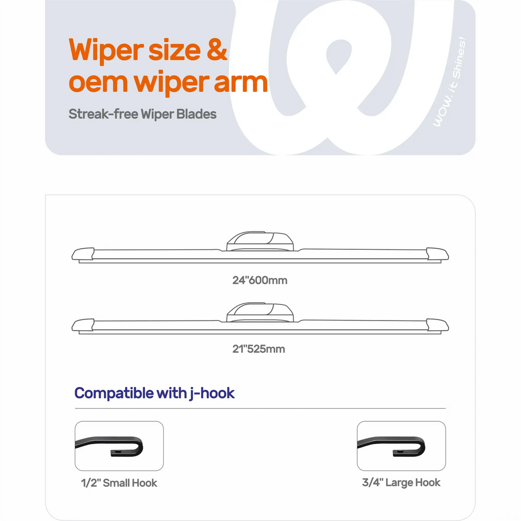 Dodge Charger 2011-2023 & Mitsubishi Outlander 2007-2023 24"+21" Silicone Wiper Blades, WOWIPER Water-Repellent Beam Windshield Wipers, J-Hook Only, 2 Pack