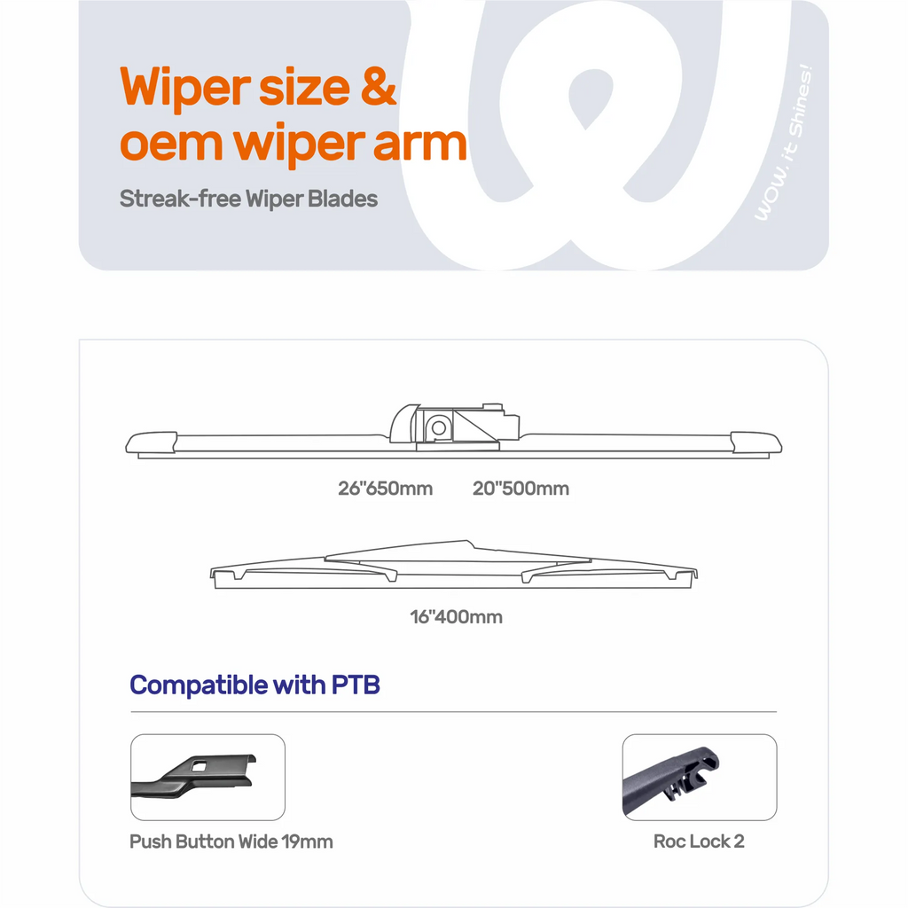 Lexus RX350 RX450h 2016-2022 Silicone Wiper Blades 3 Pack, WOWIPER 26"+20" Front & 16" Rear Set, PTB Pinch Tab & Roc Lock 2 Fit, Water Repellent Wipers