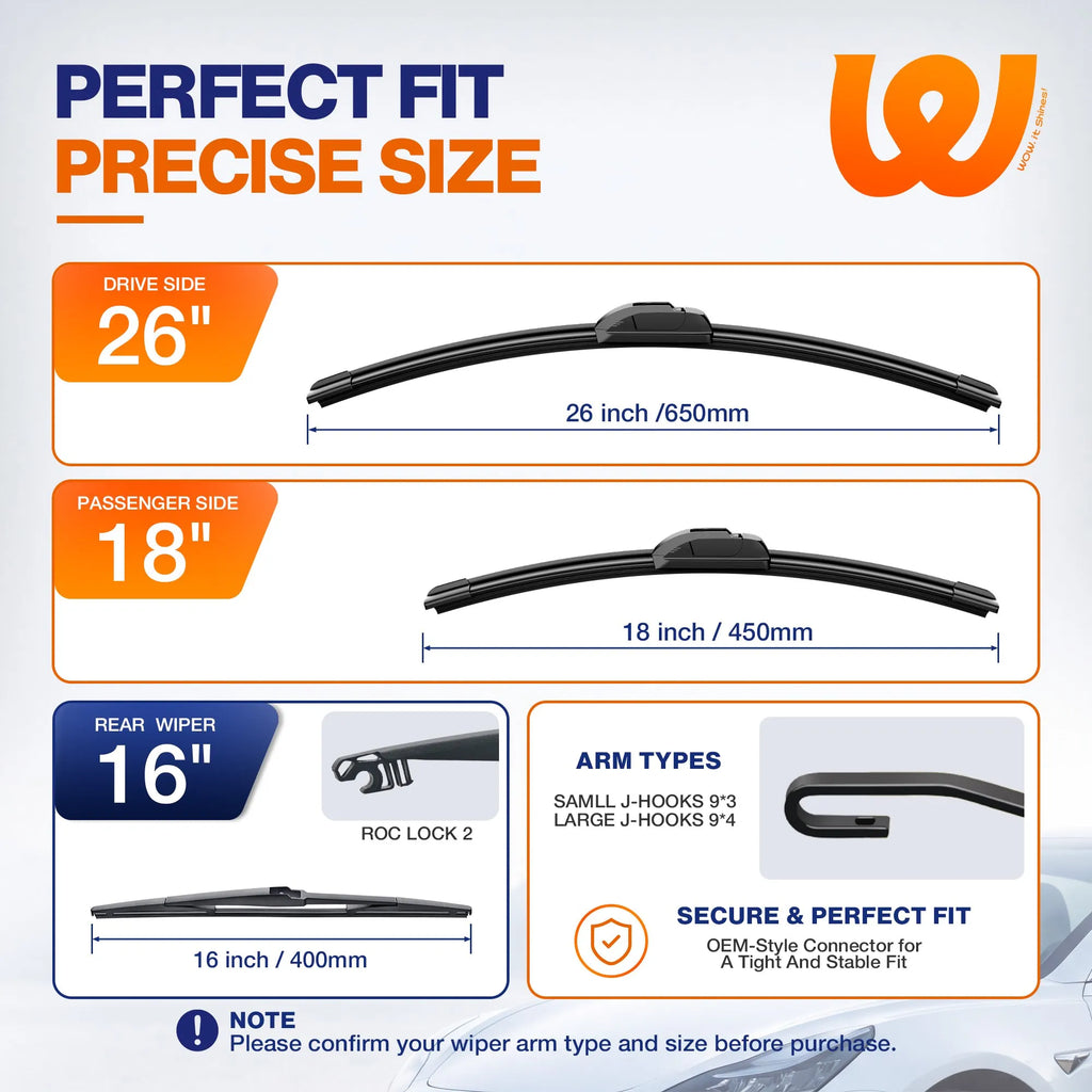 Toyota Prius 2004-2009 Silicone Wiper Blades 3 Pack, WOWIPER 26"+18" Front & 16" Rear Set, Water Repellent All-Weather Windshield Wipers