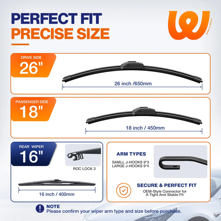 Toyota Prius 2004-2009 Silicone Wiper Blades 3 Pack, WOWIPER 26"+18" Front & 16" Rear Set, Water Repellent All-Weather Windshield Wipers