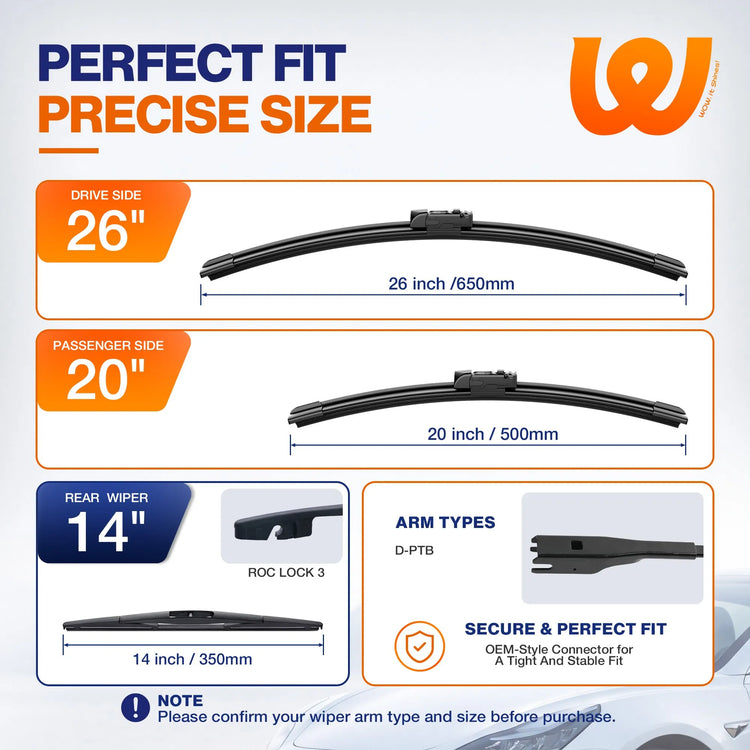 Subaru Ascent 2019-2026 Silicone Wiper Blades 3 Pack, WOWIPER 26"+20" Front & 14" Rear Set, Water Repellent All-Weather Windshield Wipers